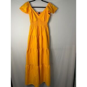 EXPRESS Maxi Dress Puff Sleeve Smocked Waist Tiered Skirt Yellow Orange XS‎